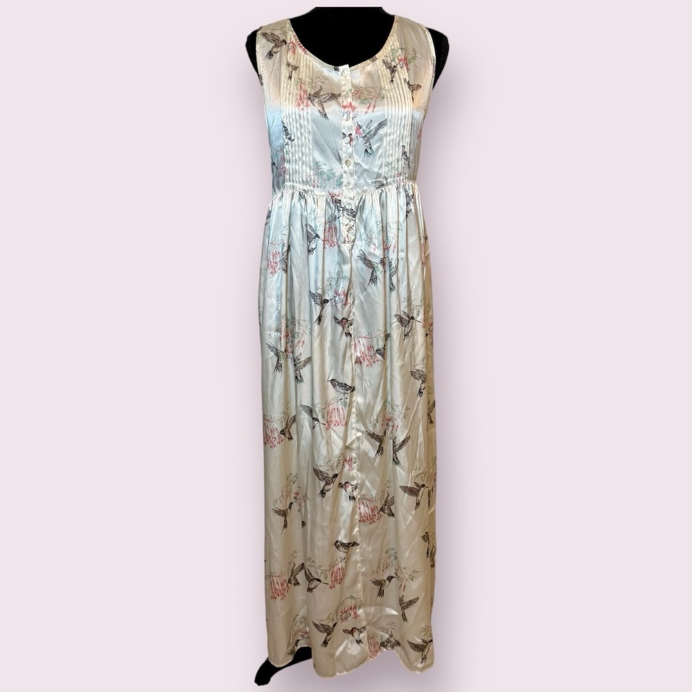 Vintage National Wildlife Federation Hummingbird & Flower Satin Lounge Dress Med